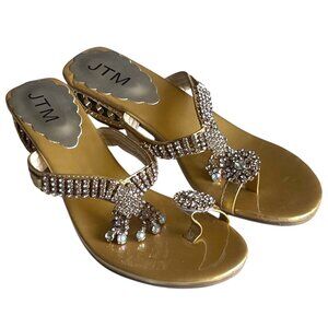 JTM Gold Rhinestone Embellished Block Heel Sandals | EU 41 | Statement Occasion